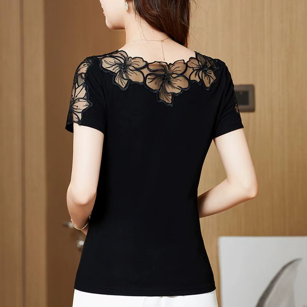 Women Solid Color Blouses Elegant Hollow Out Mesh Women's T-shirt for Summer Parties Travel Slim O-neck Blouse for Work Daily