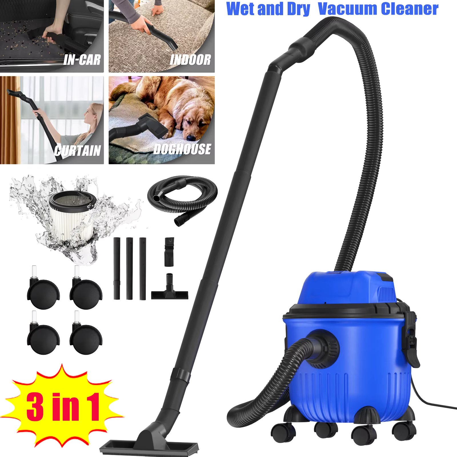 DayPlus 3 in 1 Wet & Dry Vacuum Cleaner Powerful 5000W Lightweight Floor & Carpet Bagless Vacuum Cleaner,15L 35KPA For Home