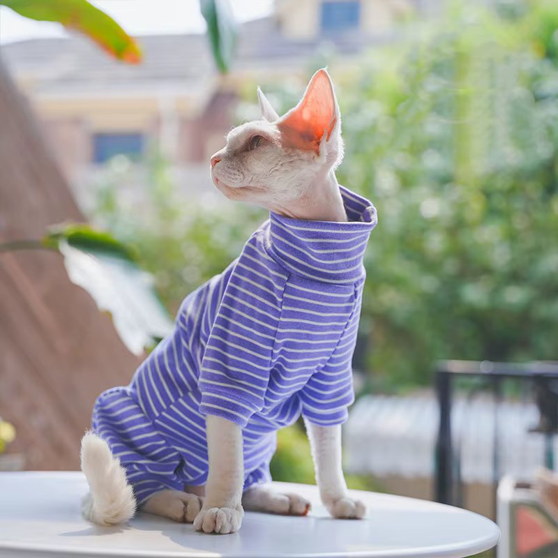 Winter Clothes for Cat, Stripped Cotton 4-legged Coat For Sphnx,Long sleeves Undershirt for Kittens, Devon Rex Jumpsuit