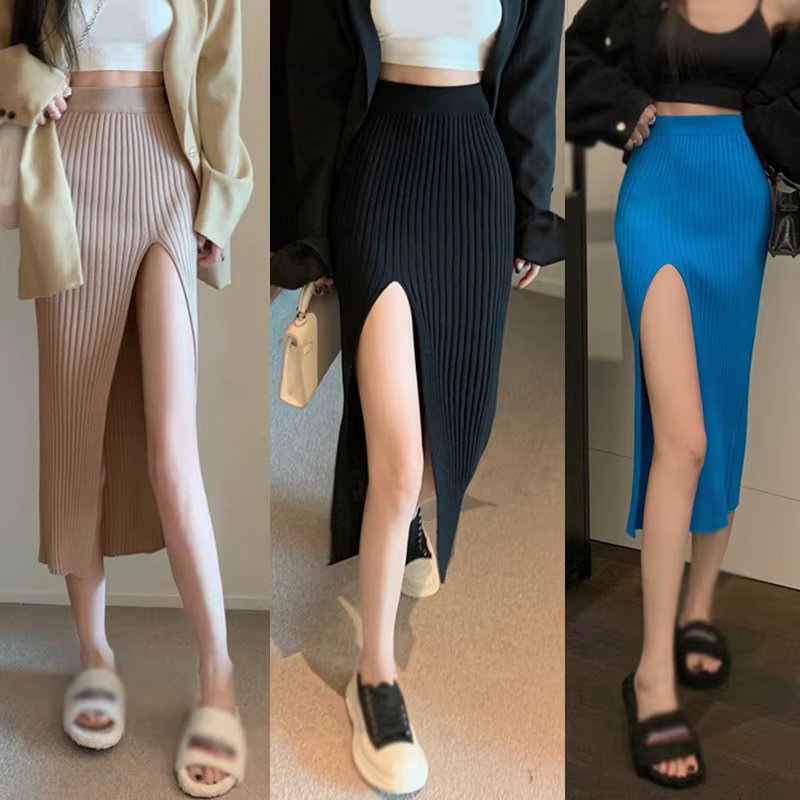 Women Sexy Split Bodycon Long Skirt  Elegant Slim Fit High-Waisted Skirts Female Pure Desire Hot Girl Knitted Elastic Dress
