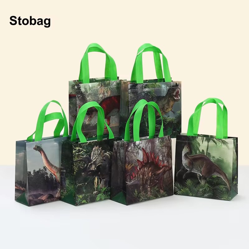StoBag 8/20pcs Cartoon Dinosaur Non-woven Tote Bags Kids Gift Package Fabric Waterproof Storage Reusable Pouches Birthday Party