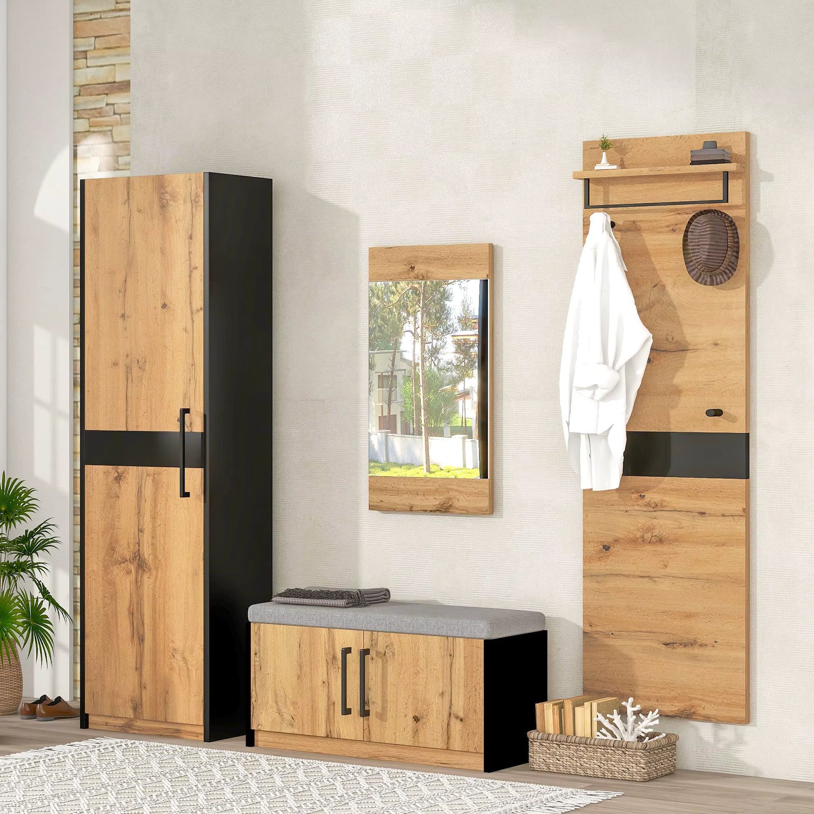 4-Piece Coat Rack and Shoe cabinet Set with Mirror – Versatile Coat Rack Set for Entryway, Kitchen, Living Room, and Bedroom