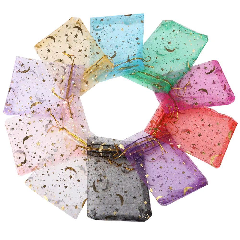 25/50/100pcs/lot Organza Bag Gift Bag Gold Color Moon Star Gifts Pouches For Wedding Party Candy Bag  Jewelry Packing Wholesale