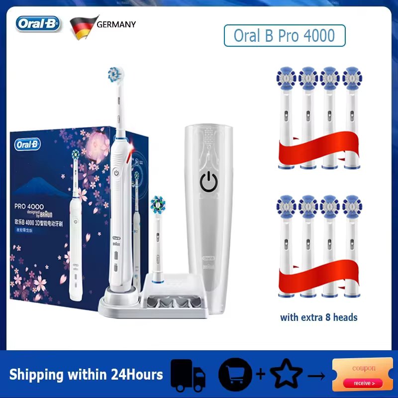 Oral B Pro 4000 Electric Toothbrush 3D Sonic Vibration Tooth Brush for Adults Visible Pressure Sensor 4 Modes Oral Cares Recharg