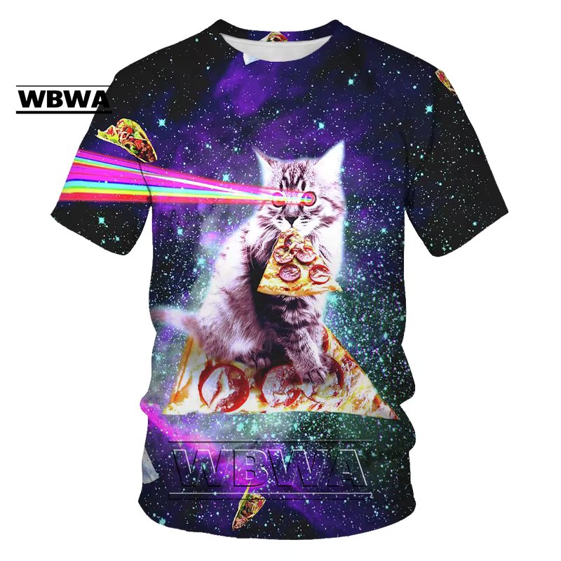 2024 new Galaxy Space 3D T-shirt Cute little cat eats taco pizza funny shirt T-shirt short sleeve summer shirt