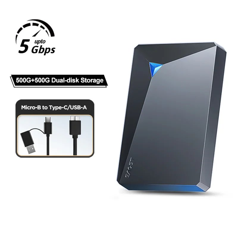Eaget LED External Hard Drive 5Gbps Portable HDD 1TB Hard Disk Double 500G Hard Drive Design Compatible for PC Mac Desktop