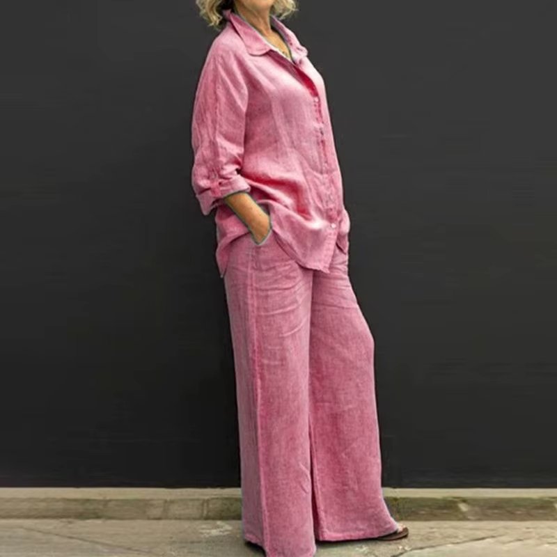 Women's Linen Lapel Two Pieces Set Vintage Solid Color Long Sleeve Button Shirt Blouse Women Casual Loose Straight Pants Suits