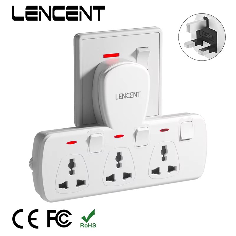 LENCENT Multi Plug Extension Socket with 3 Universal AC Outlets 13A 3250W Extension Plug Adapter with Switch for Home Office