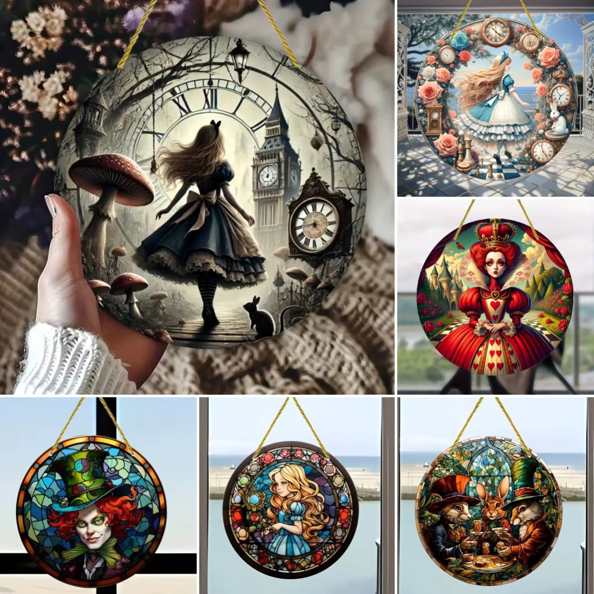 Alices Adventures in Wonderland Theme Suncatcher Acrylic Wall Window Stained Hanging Panel Room Home Decor Wreath Sign Pendants