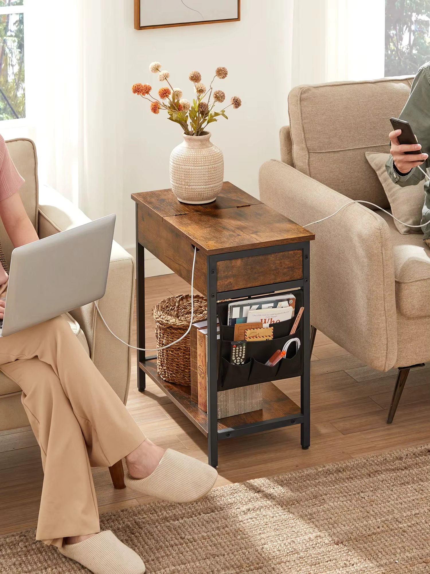 VASAGLE Slim Side Table with Charging Station, Narrow Bedside Table with Storage, End Table with USB Ports, Outlets