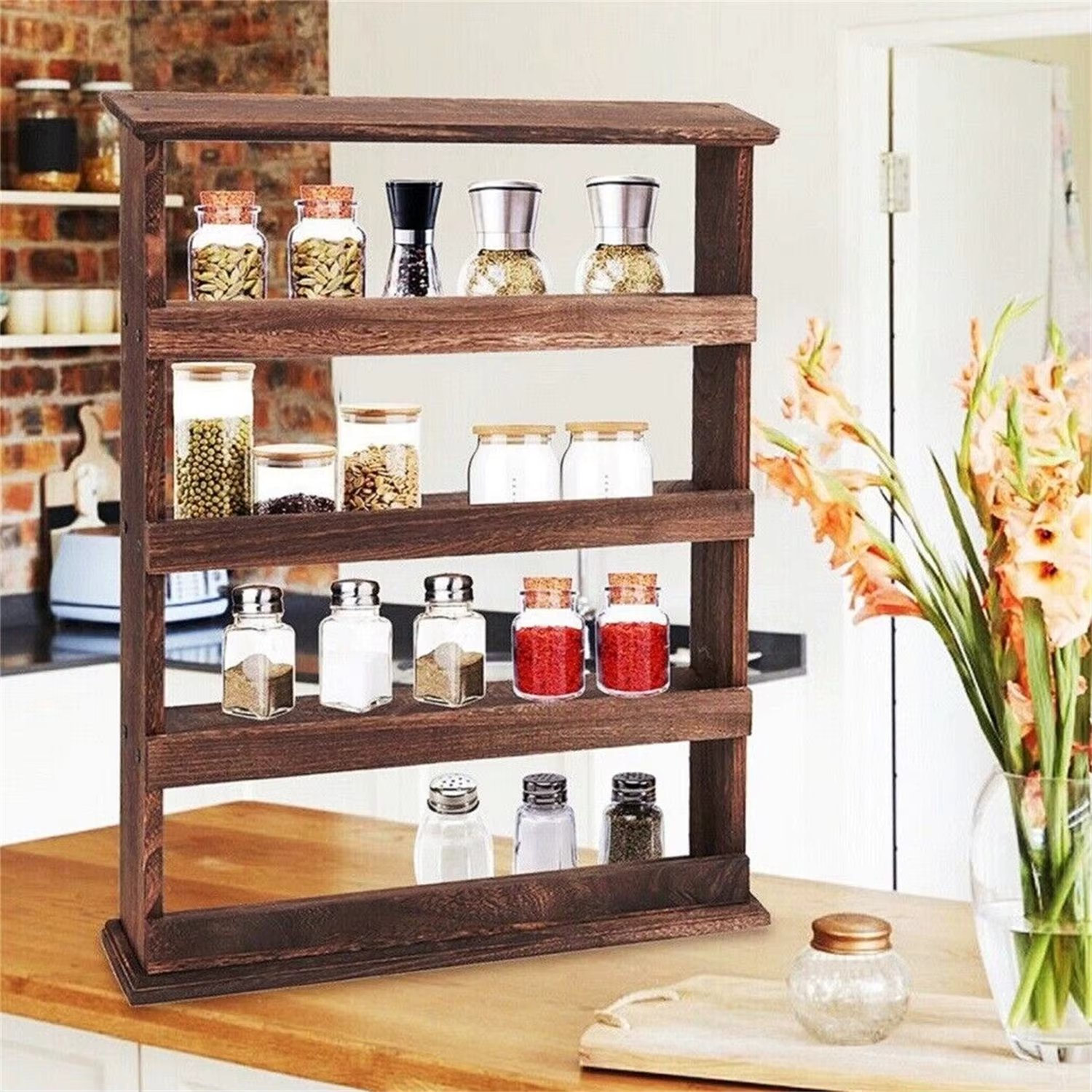 Rustic Torched Wood Wall Mounted 4-Tier Spice Rack Hanging Spice Shelf Storage Jars Stand Organizer