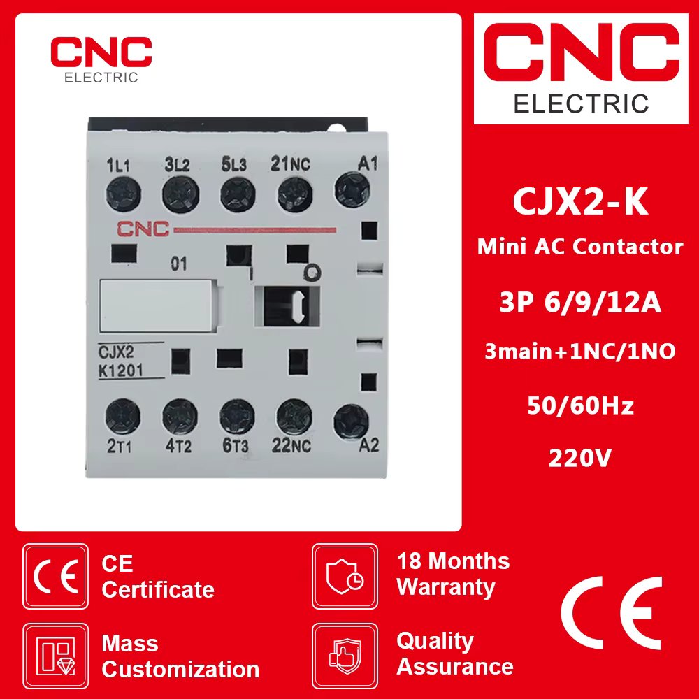 CNC CJX2-K Mini AC Contactor Din Rail 3P 3main 1NO/3main 1NC Coil Voltage 220V 50/60Hz 6A 9A 12A