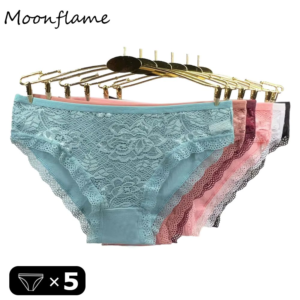 Moonflame 5 pcs/lots Low Rise Solid Color Lace Transparent Cotton Briefs Women's Panties