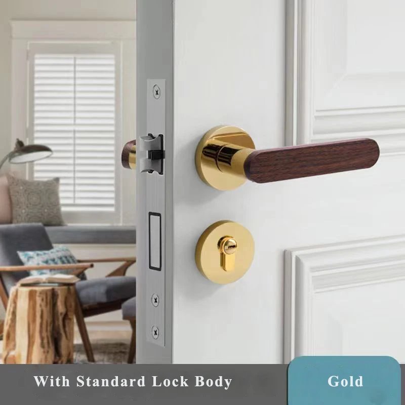Zinc Alloy Bedroom Interior Door Lock Set Gold Silver Imitation Walnut Wood Bathroom Door Handle Lock Furniture Mute Split Locks