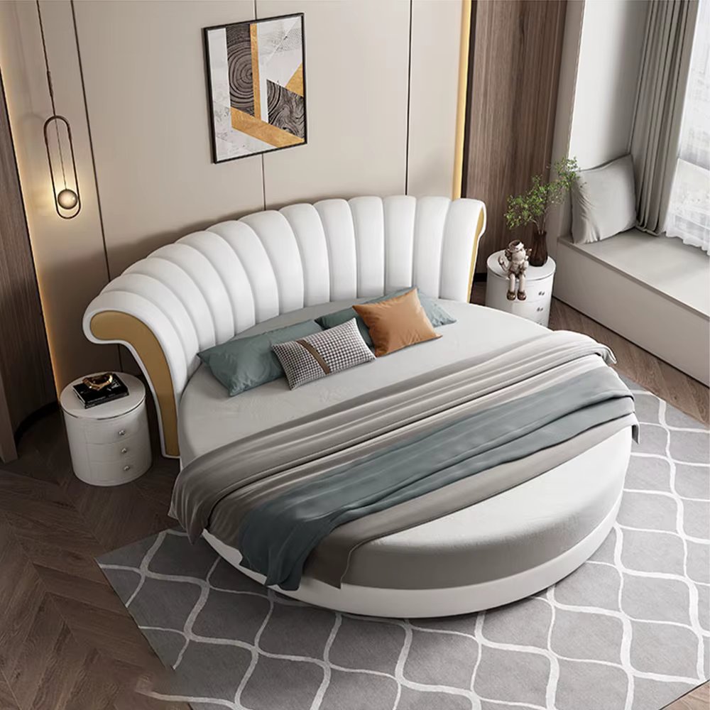 Upgrade Your Sleeping Experience with Linlamlim Round Leather Bed Frame Italian Genuine Leather Double Beds Lit 2 Personnes