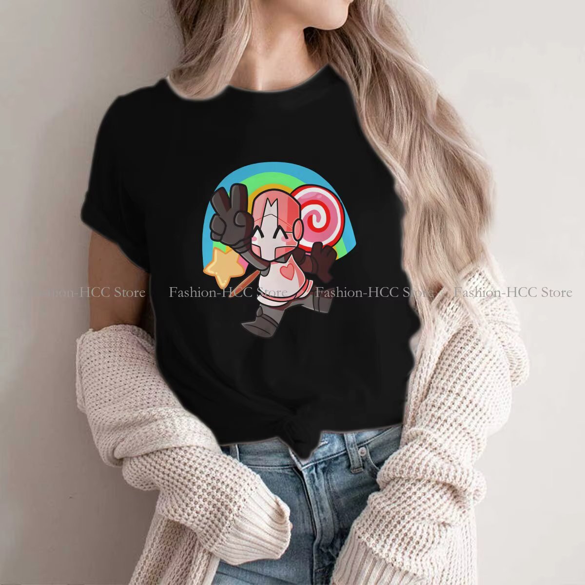 Pink Knight Peace Sign Newest Polyester TShirts Castle Crashers Female Harajuku Tops T Shirt O Neck