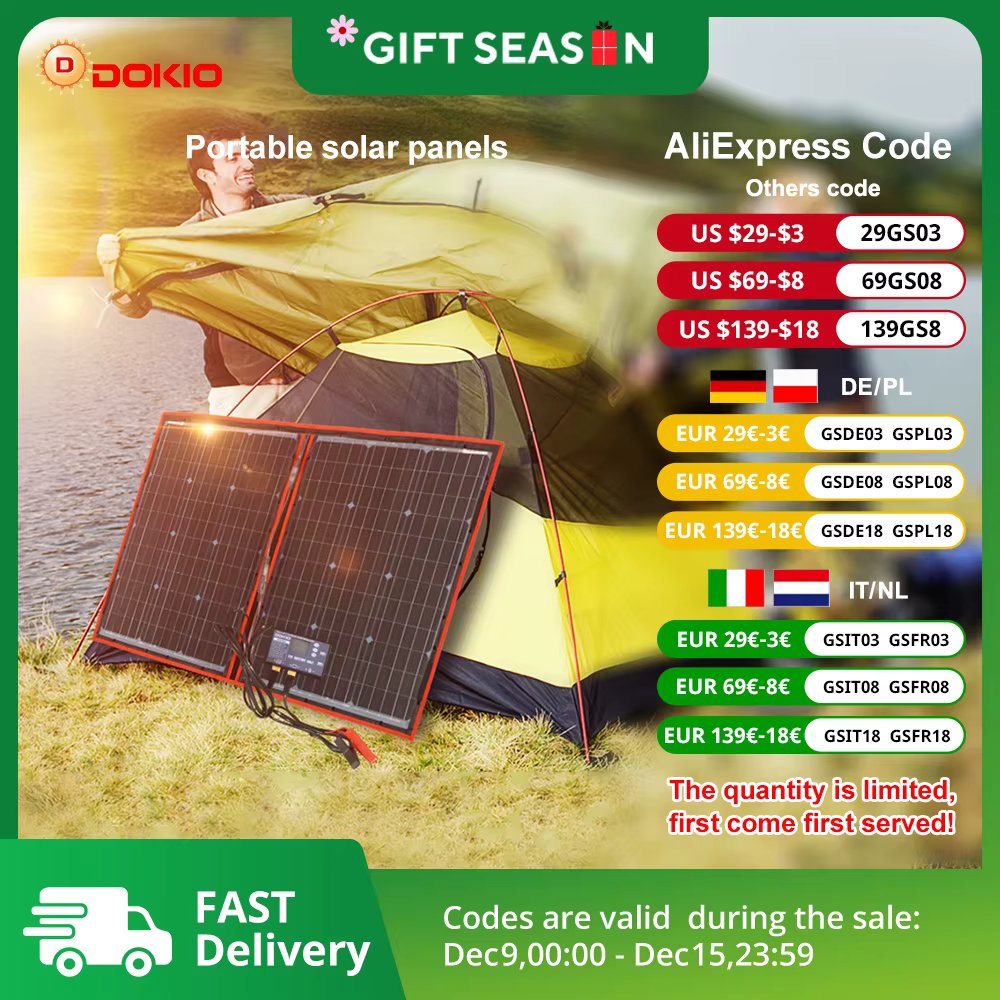 Dokio 18V 100W Portable Foldable Solar Panel with 12V Controller Kit for Family Camping Trips