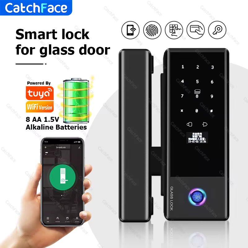 Saudi Glass Door Lock TUYA APP Fingerprint Smart Lock WiFi Remote Control IC card password for frameless sliding door