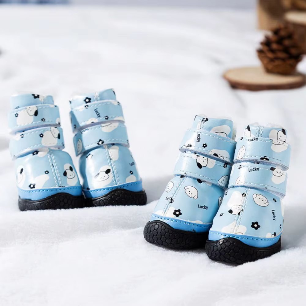 4pcs/set Cute Cartoon Warm Dog Shoes Adjustable Plush Dog Rain Snow Boots Waterproof Soft Anti-slip Puppy Footwear Winter