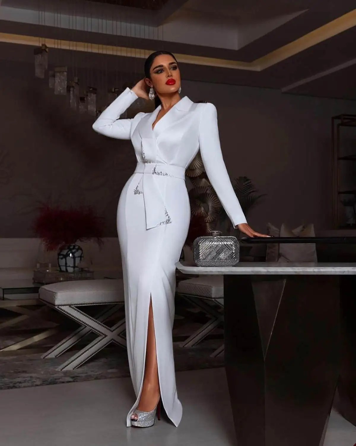 Customized White Women Blazer Dress Plus Size Slim Jacket With Belt Prom Evening Guest Formal Wear Custom Made Satin
