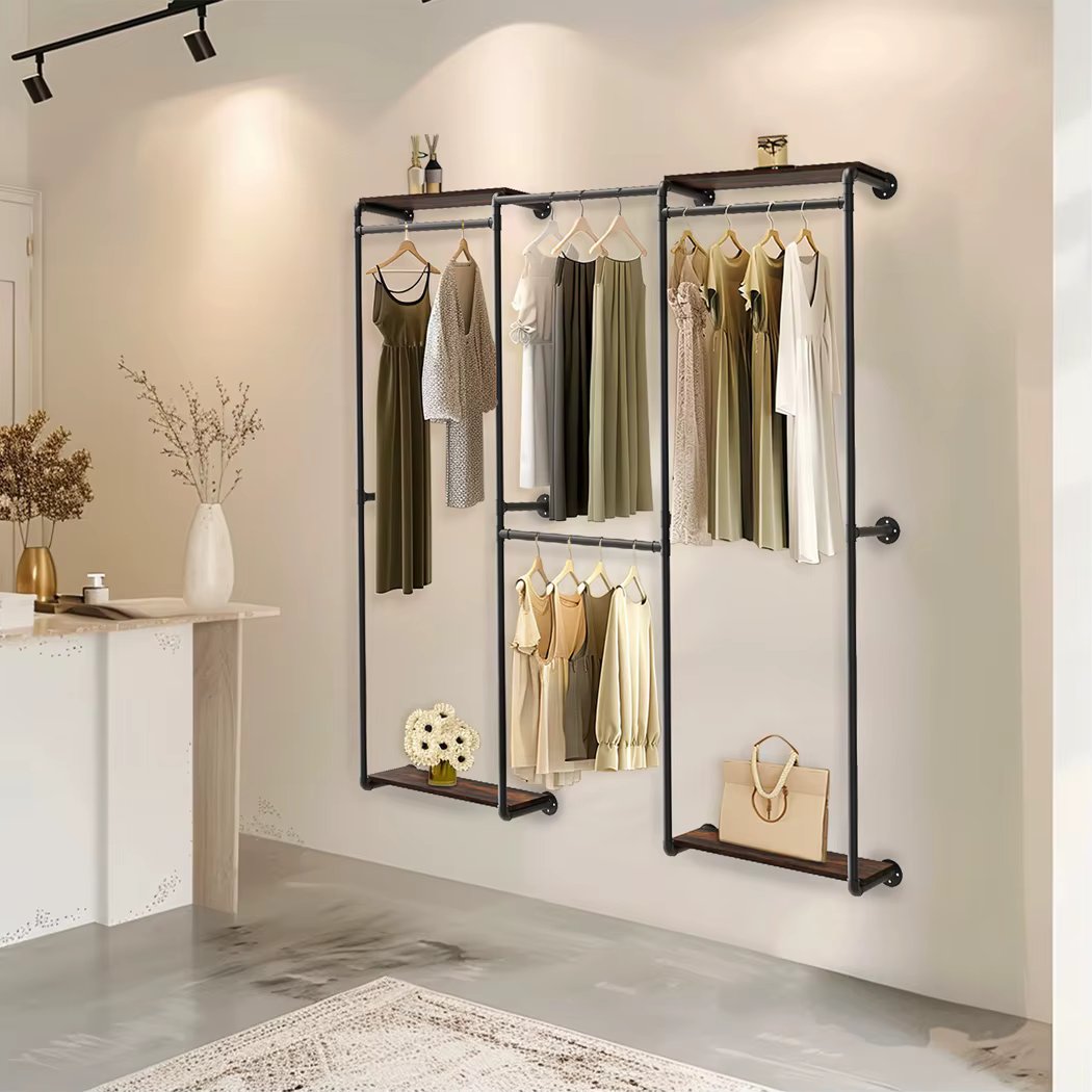 Industrial Pipe Clothing Rack Rail Wall Mounted Space-Saving Garment Display Rack with Storage Shelves