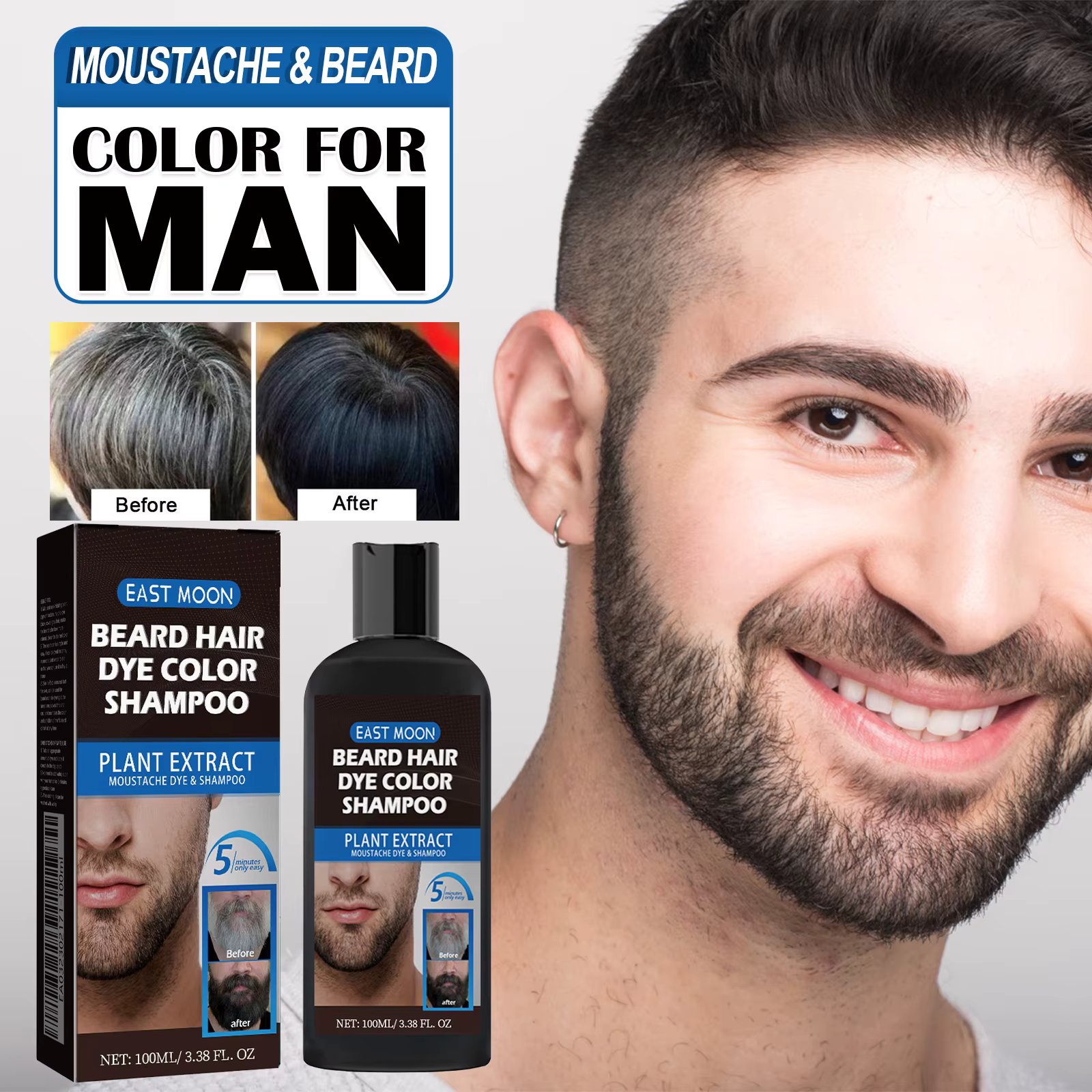 East Moon Beard Dye Shampoo For Men, Men Mustache & Beard Dye For Gray Hair To Black, Natural Beard Dye For Men 100ml