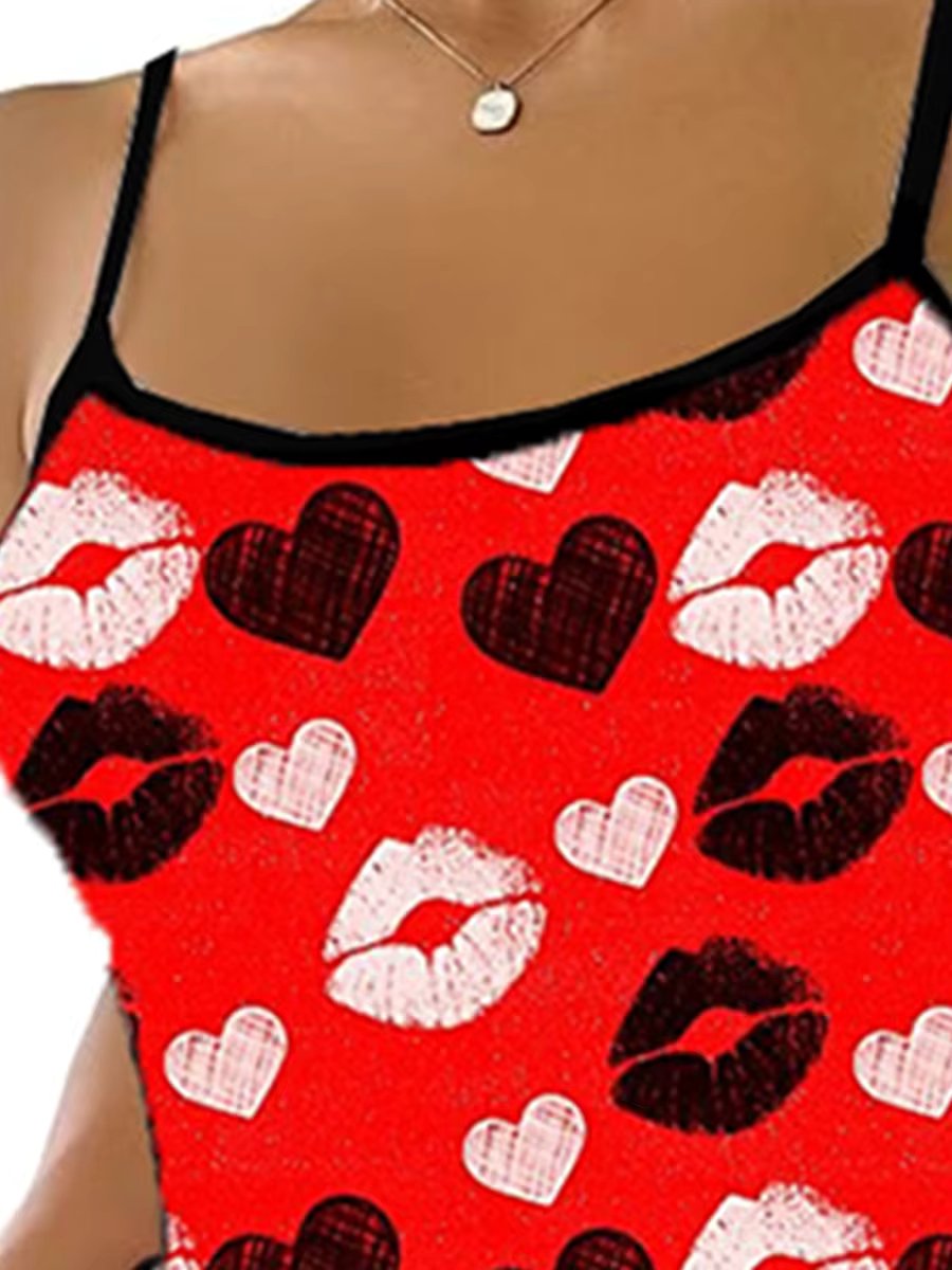 Valentine s Day Women s Pajama Set with Heart and Lip Print Sexy Backless Crop Camisole and High Waist Shorts for Cozy