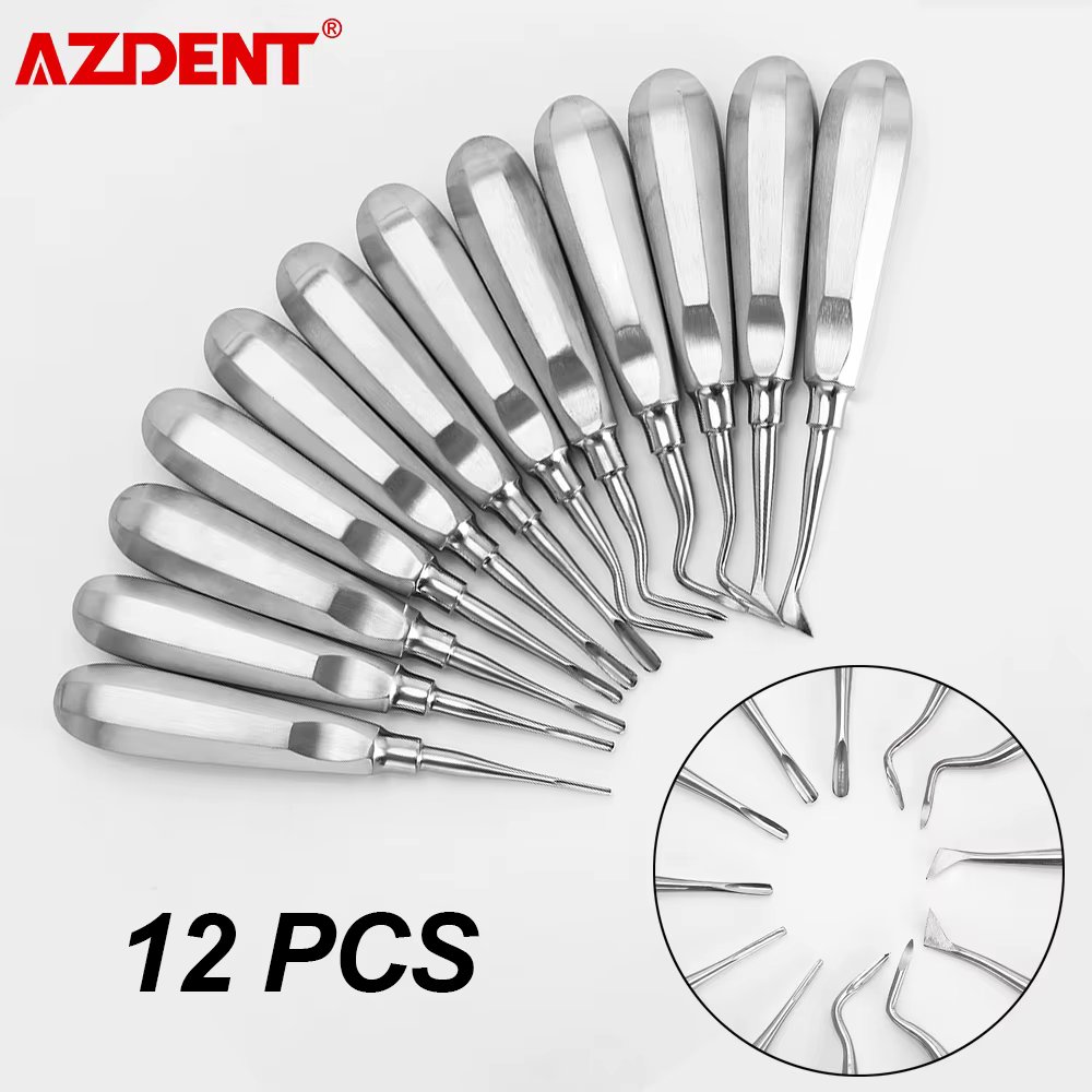 AZDENT 12PCS/Set Dental Elevator Stainless Steel Teeth Extraction Tools Kit Stright Curved Root Elevator Dentist Tools