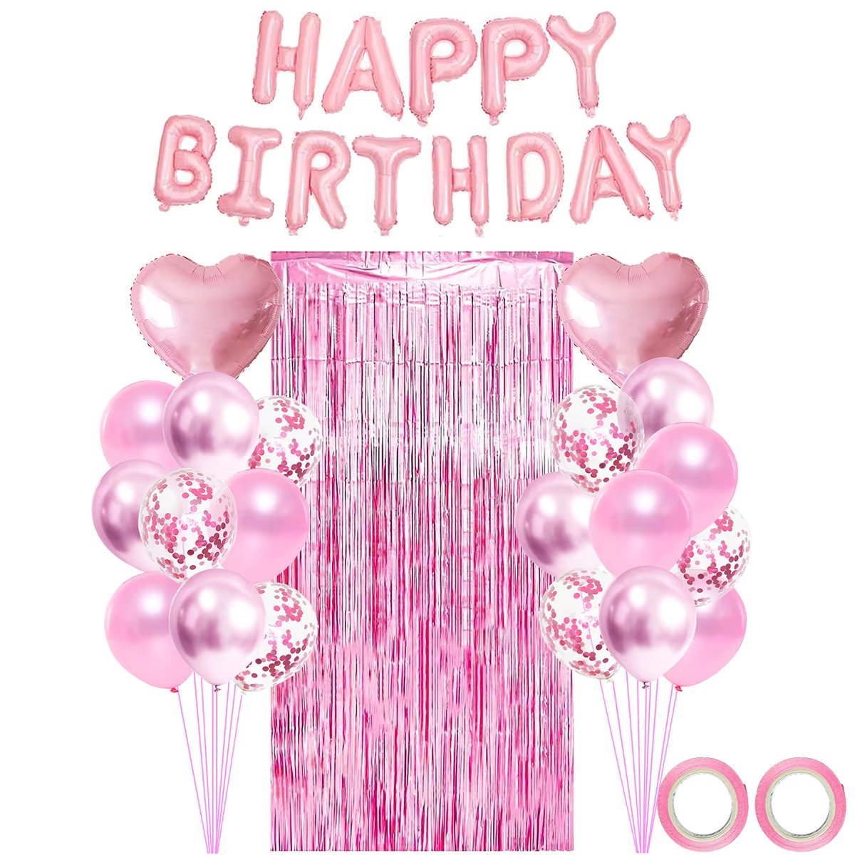 36pcs Pink Mixed Balloons Happy Birthday Party Decoration Metallic Foil Tinsel Curtain Background Girl Woman Birthday Party
