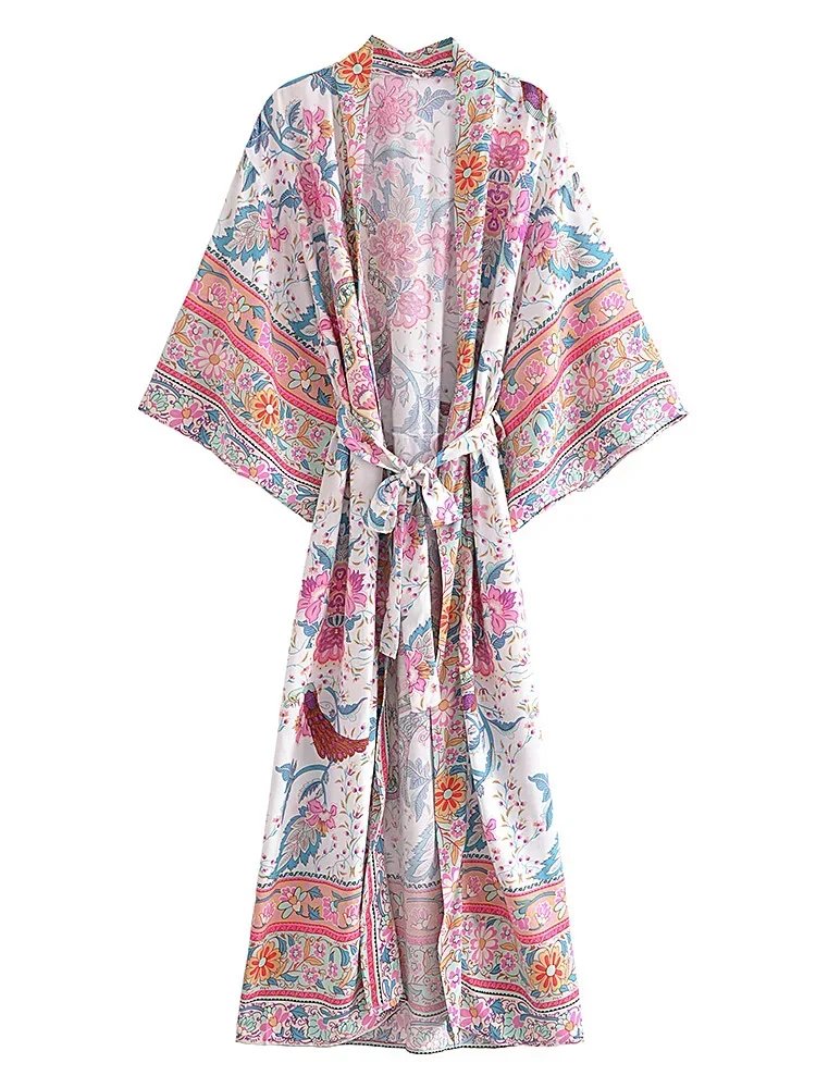 Boho Women Peacock Print Bat Sleeve Beach Bohemian Kimono Robe Ladies V Neck Tassel Summer Happie Bikini Cover-ups