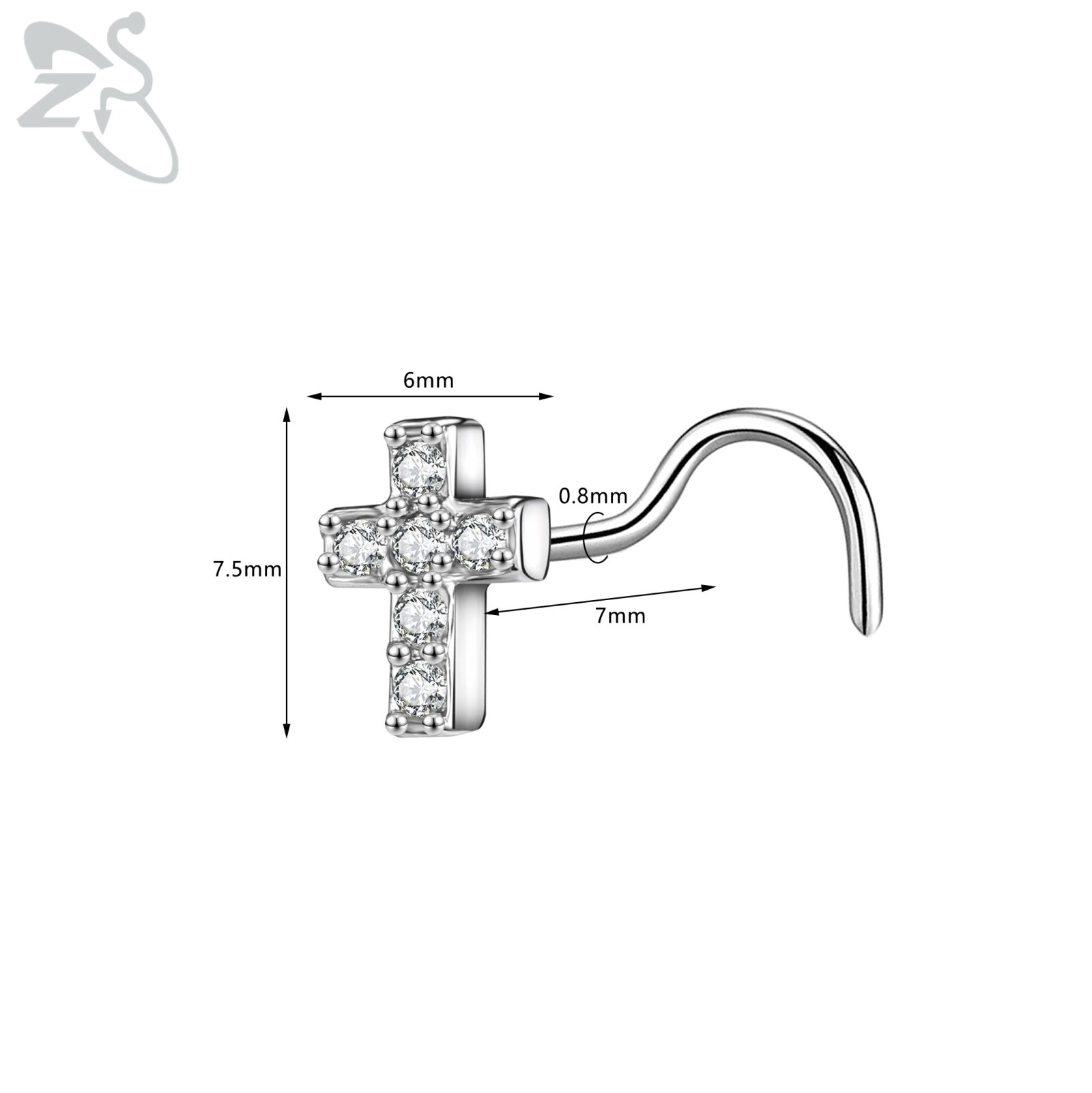 ZS 1PC 20G Stainless Steel Nose Piercingt Star Heart Cross Rose CZ Crystal Nose Stud Screw S-Shaped Nostril Piercings  Jewelry