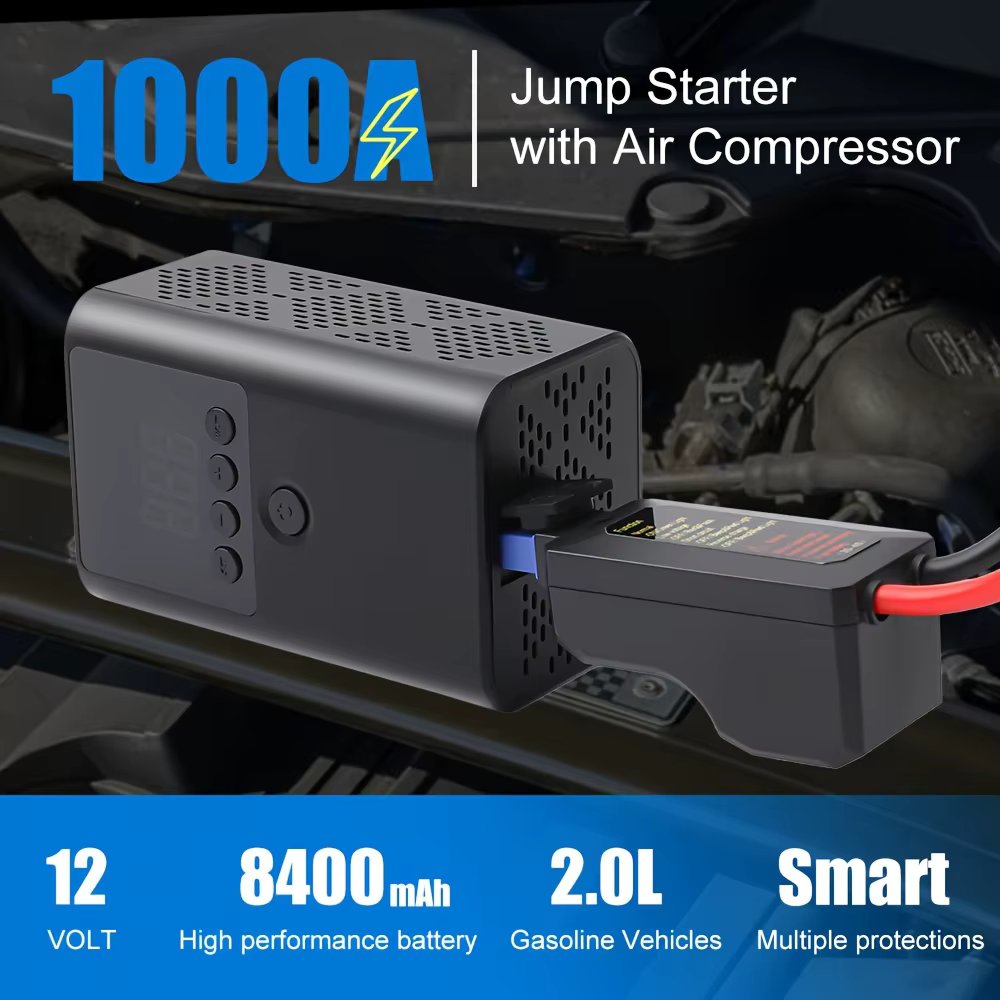 4 In 1 Mini Car Jump Starter With Air Compressor 1000A Car Battery Charger Auto Tire Inflator Digital Display Power Bank