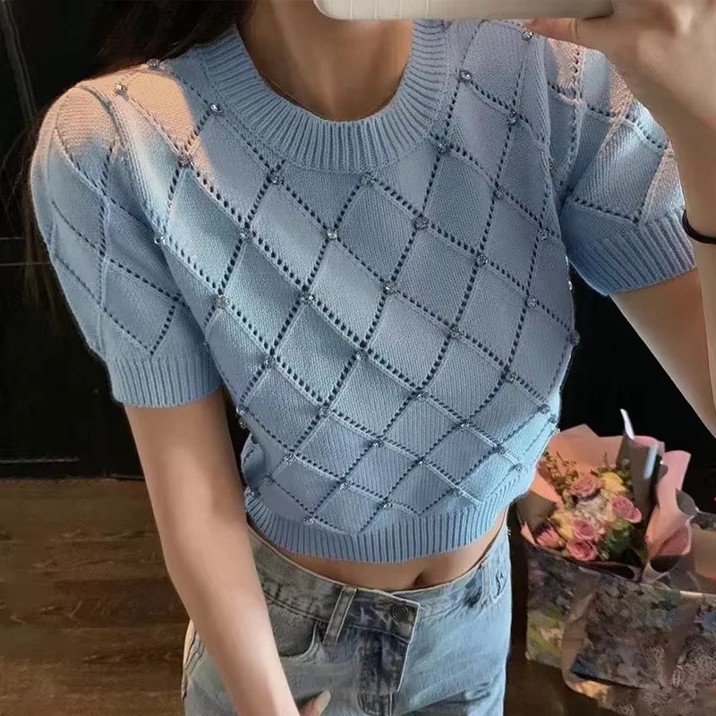 2024 Summer New Short-Sleeved Sweater Puff Sleeve Inner Wear Outer Wear Gentle Loose All-Match Pure Desire Top for Women