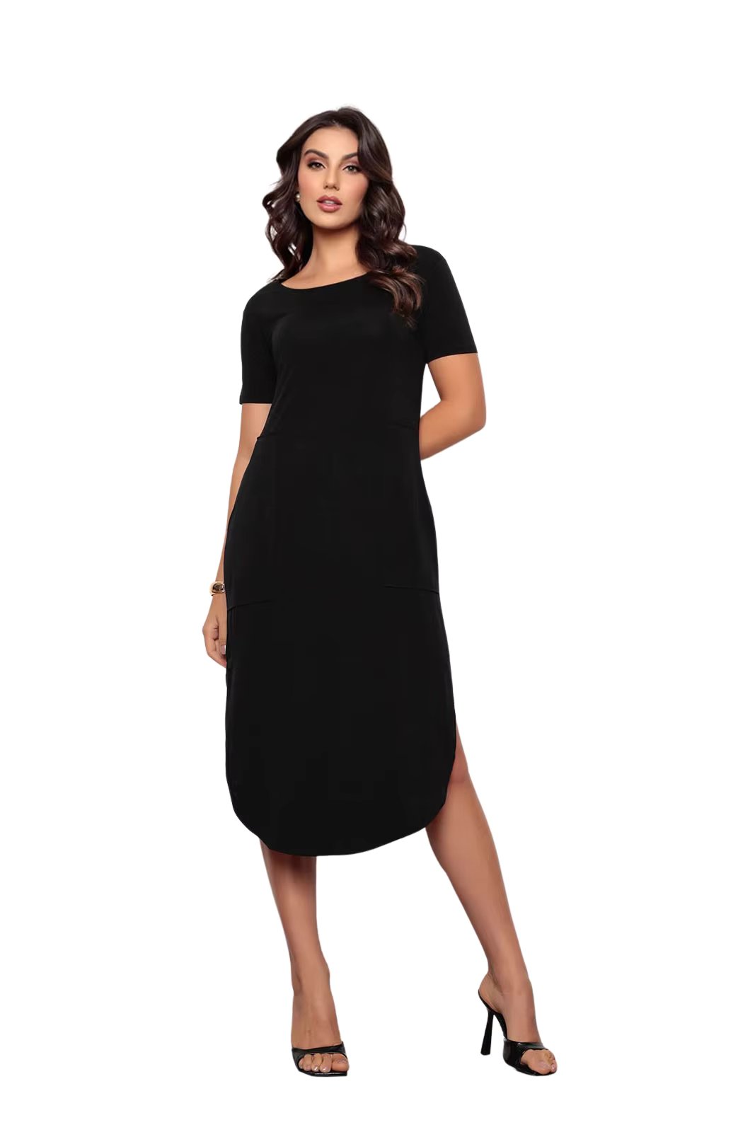 Black 920 Slit Short Sleeve Midi Dress