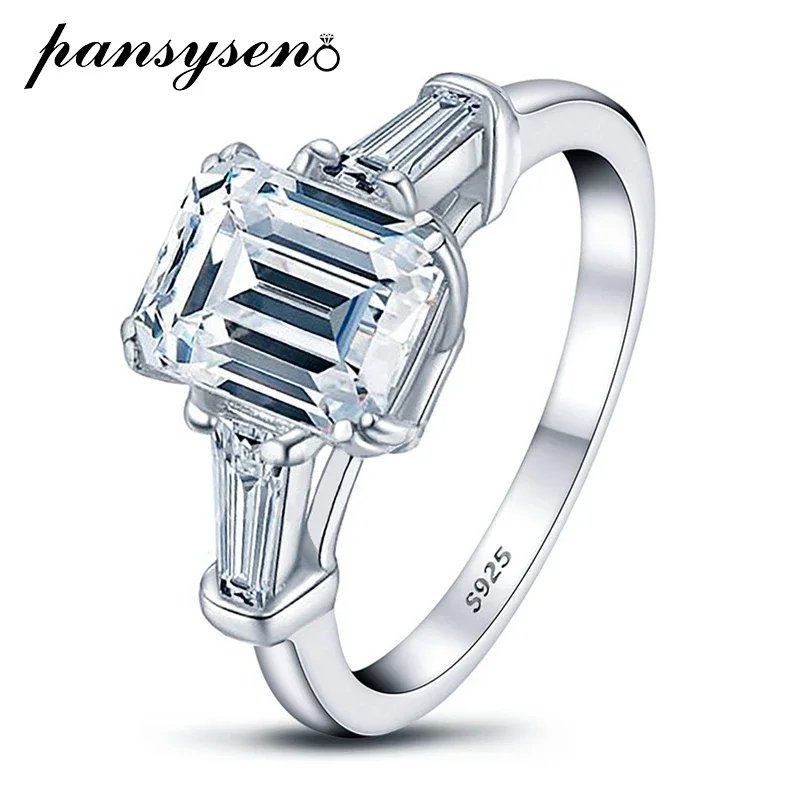PANSYSEN Classic 925 Sterling Silver Emerald Cut 2CT D Color Moissanite Rings for Women Luxury Proposal Wedding Engagement Ring