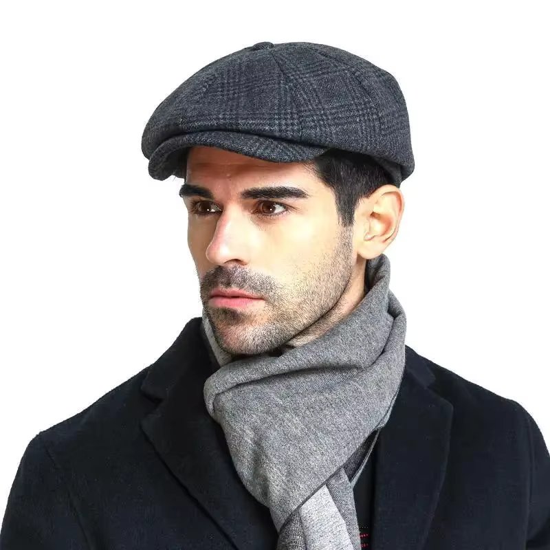 Mens Flat Cap Gatsby Tweed Black Peak Hat Herringbone Newsboy Cap M-XXL