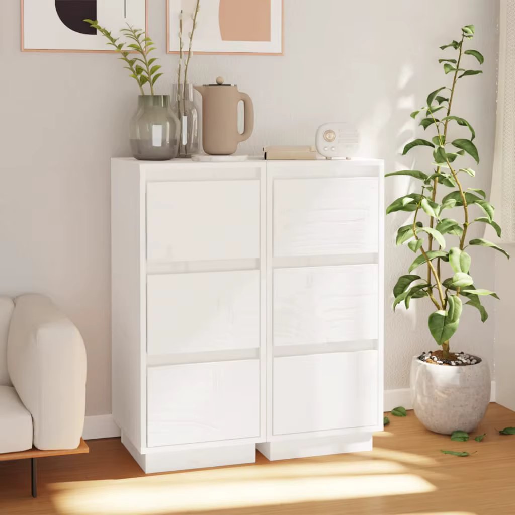 Sideboards 2 Stk. Weiß 32x34x75 cm Massivholz Kiefer,Esszimmer Küchenschrank Möbel Anrichte Beistelltisch Möbel