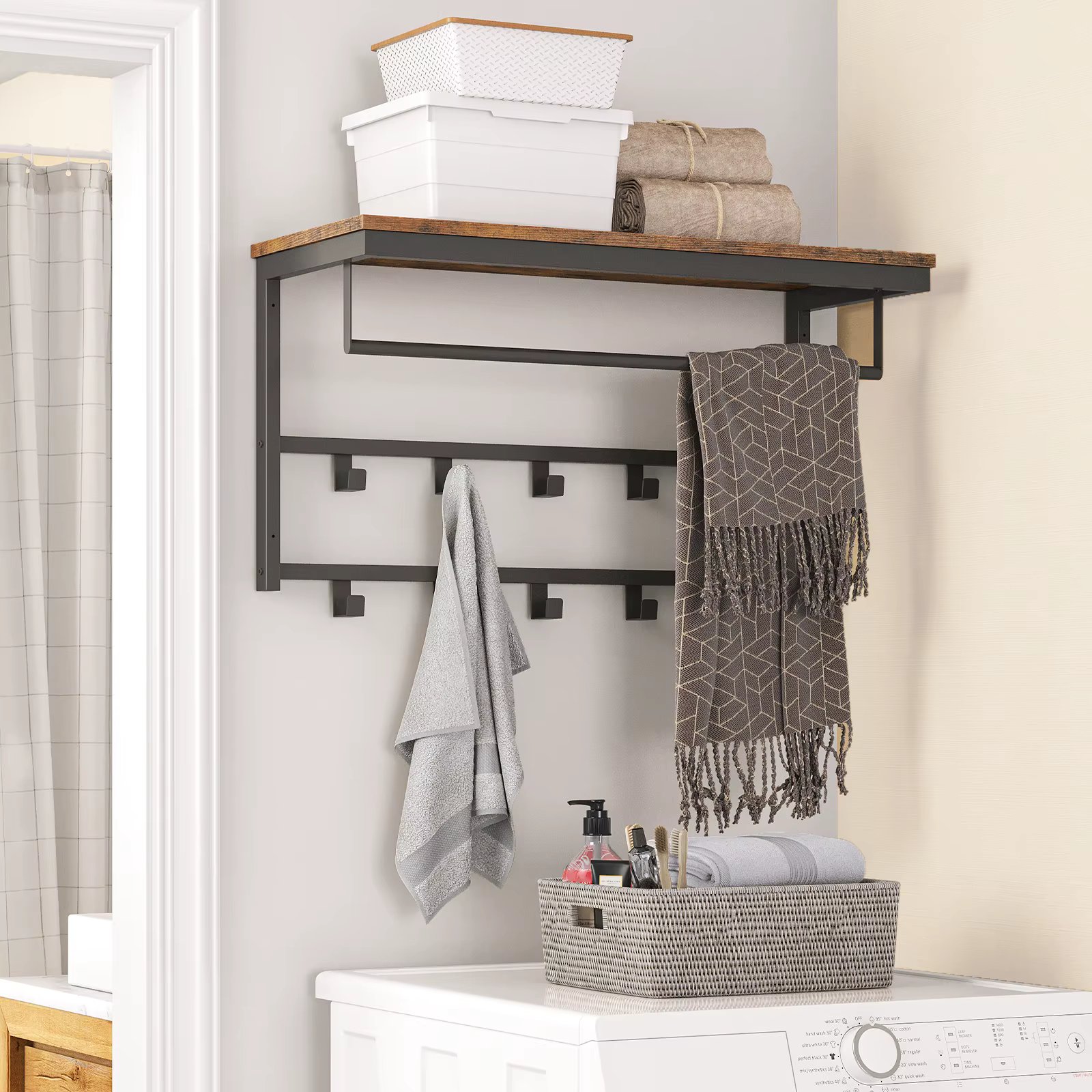 HOOBRO Wall-Mounted Coat Rack With Shelf Wall Hanging Shelves With 10 Hooks And Bars For Hallway Living Room Bedroom Bathroom