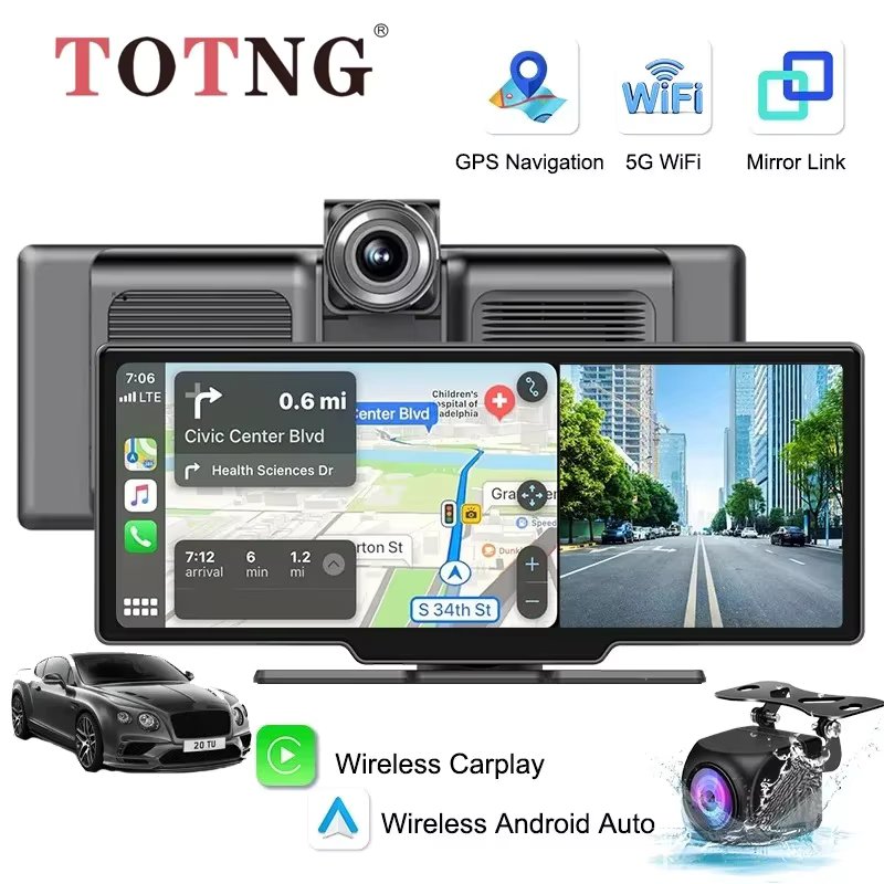 10.26'' Dash Cam 4K Car Mirror Video Player Wireless Carplay Android Auto GPS Car Monitor Multimedia Rearview Camera Dashboard