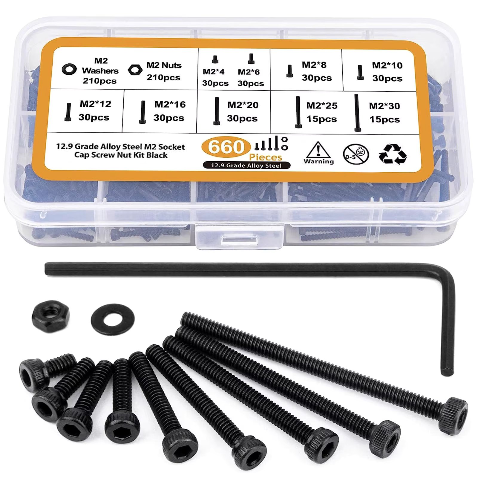 660Pcs M2 Screws Set M2 x 4/6/8/10/12/16/20/25/30mm Hex Socket Head Bolts Nuts Washers Assortment Kit 12.9 Grade Alloy Steel