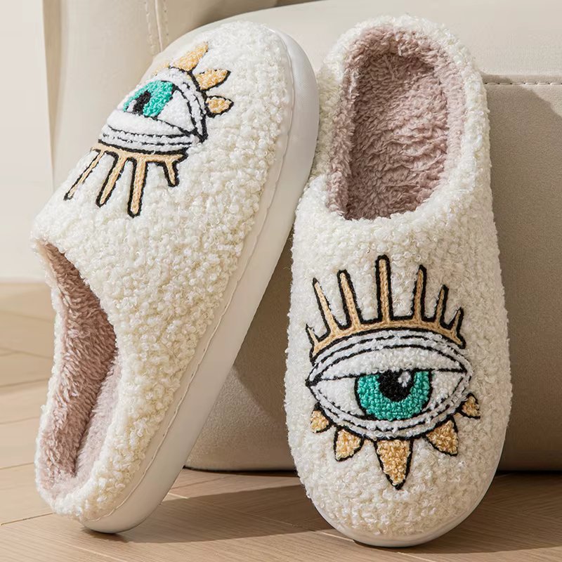 Cartoon Eye Pattern Home Slippers Women Winter Warm Plush Indoor Bedroom Slippers Woman Ultra Soft Flat Heels House Cotton Shoes