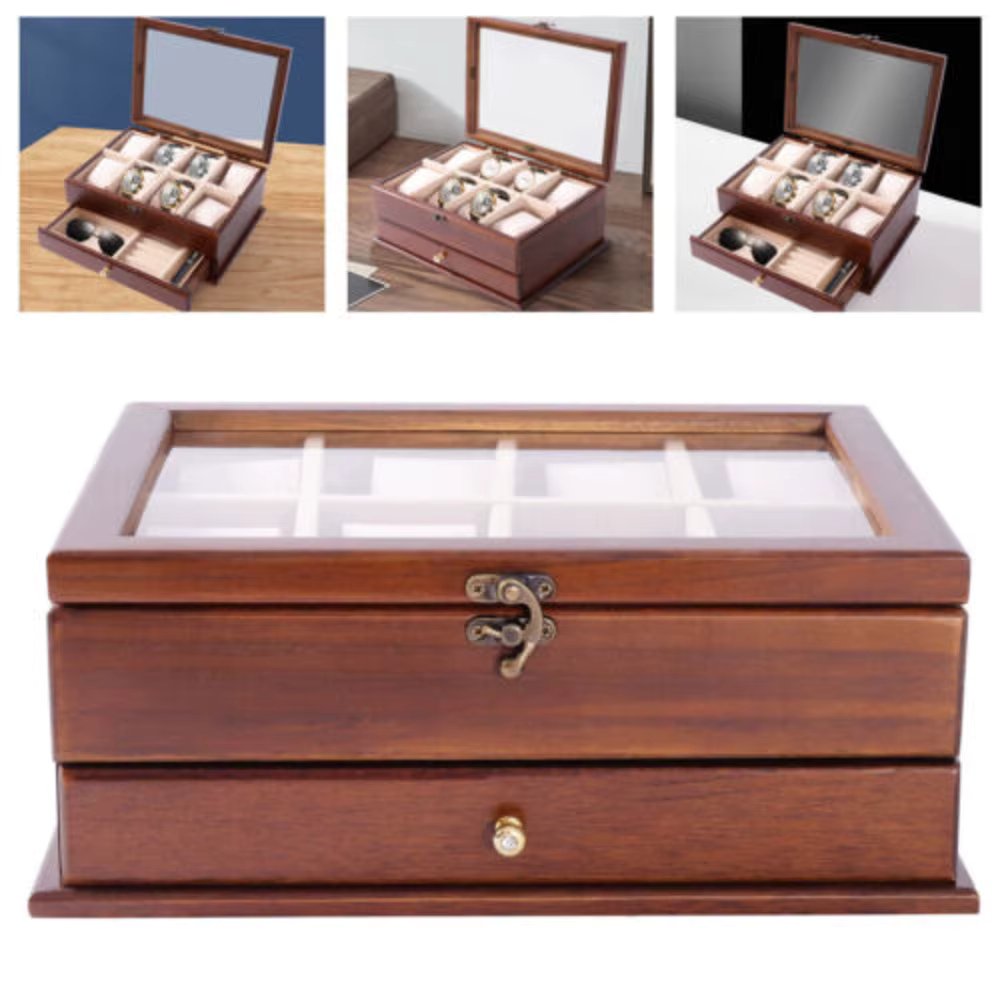Bymaocar Vintage Watch Box 2 Layers Sycamore Wood Jewelry Storage Case Organizer Large Storage Space Dust-proof & Moisture-proof