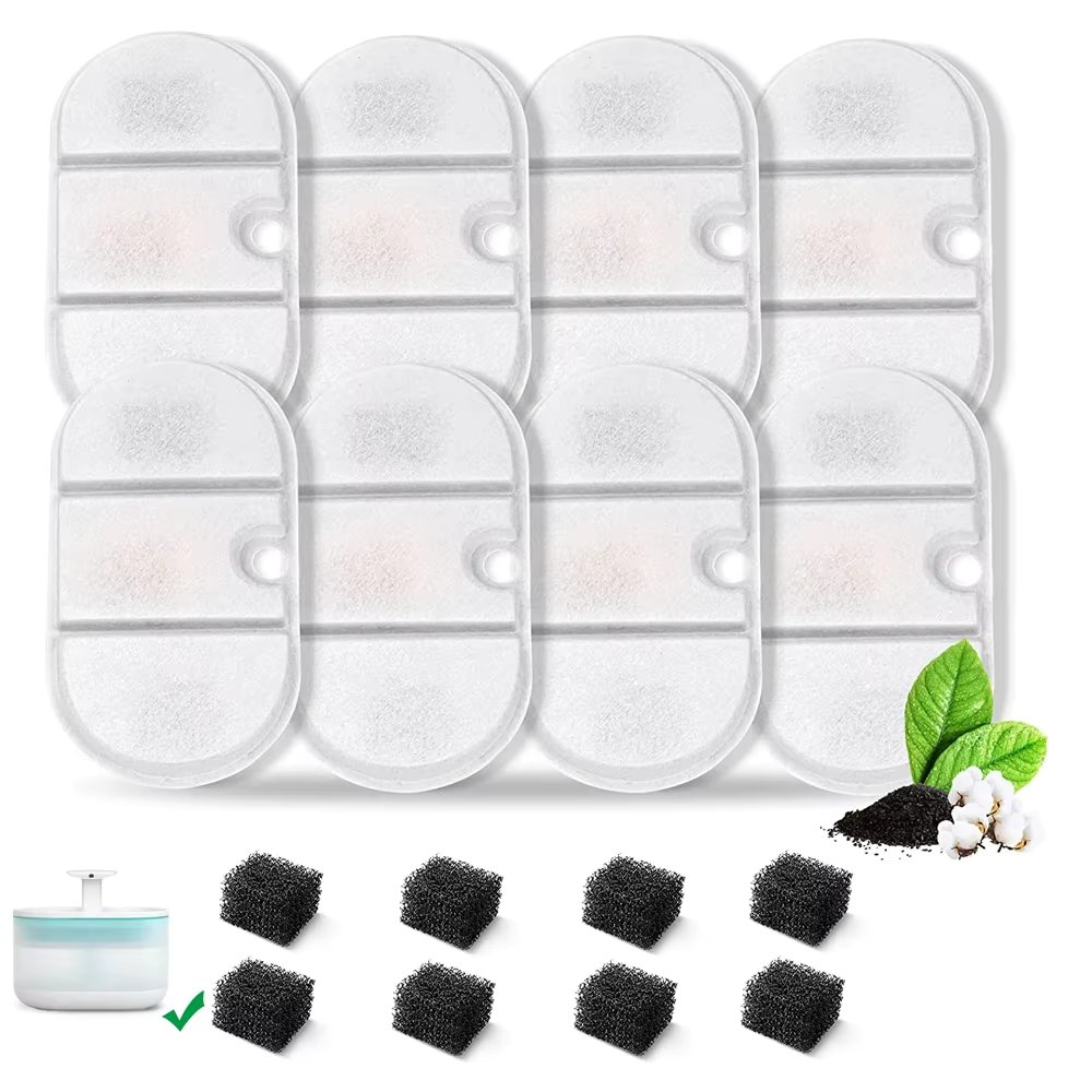 Replacement Filter Cat Water Fountain Filters for 2.1L Pet Water Fountain Contains 4 Cat Fountain Filters and 8 Sponges