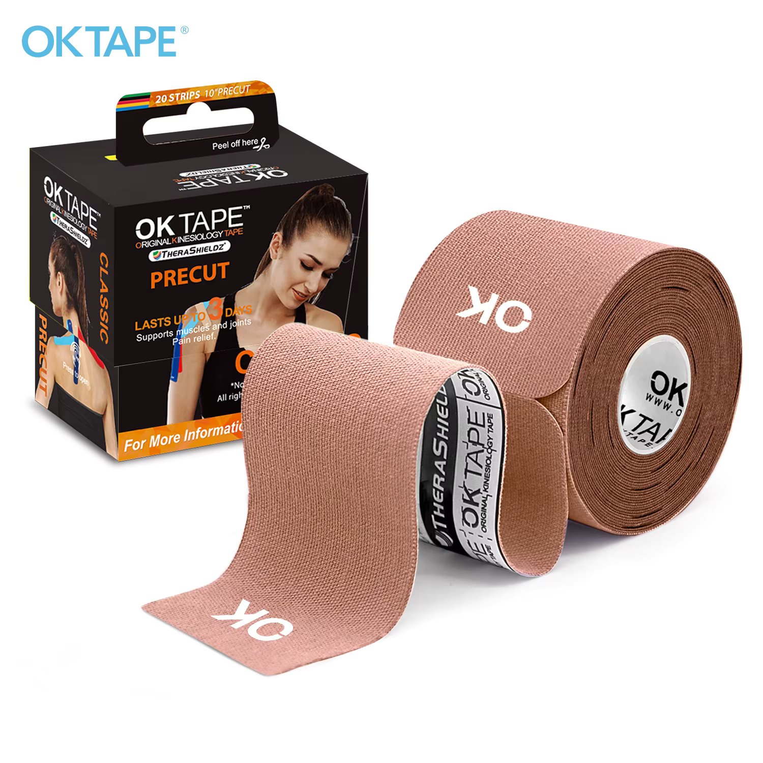 OK TAPE Kinesiology Tape 5CM X 5M Precut, 20 Strips, Latex Free Elastic Athletic Bandage, Gym Fitness Ankle Knee Finger Arm