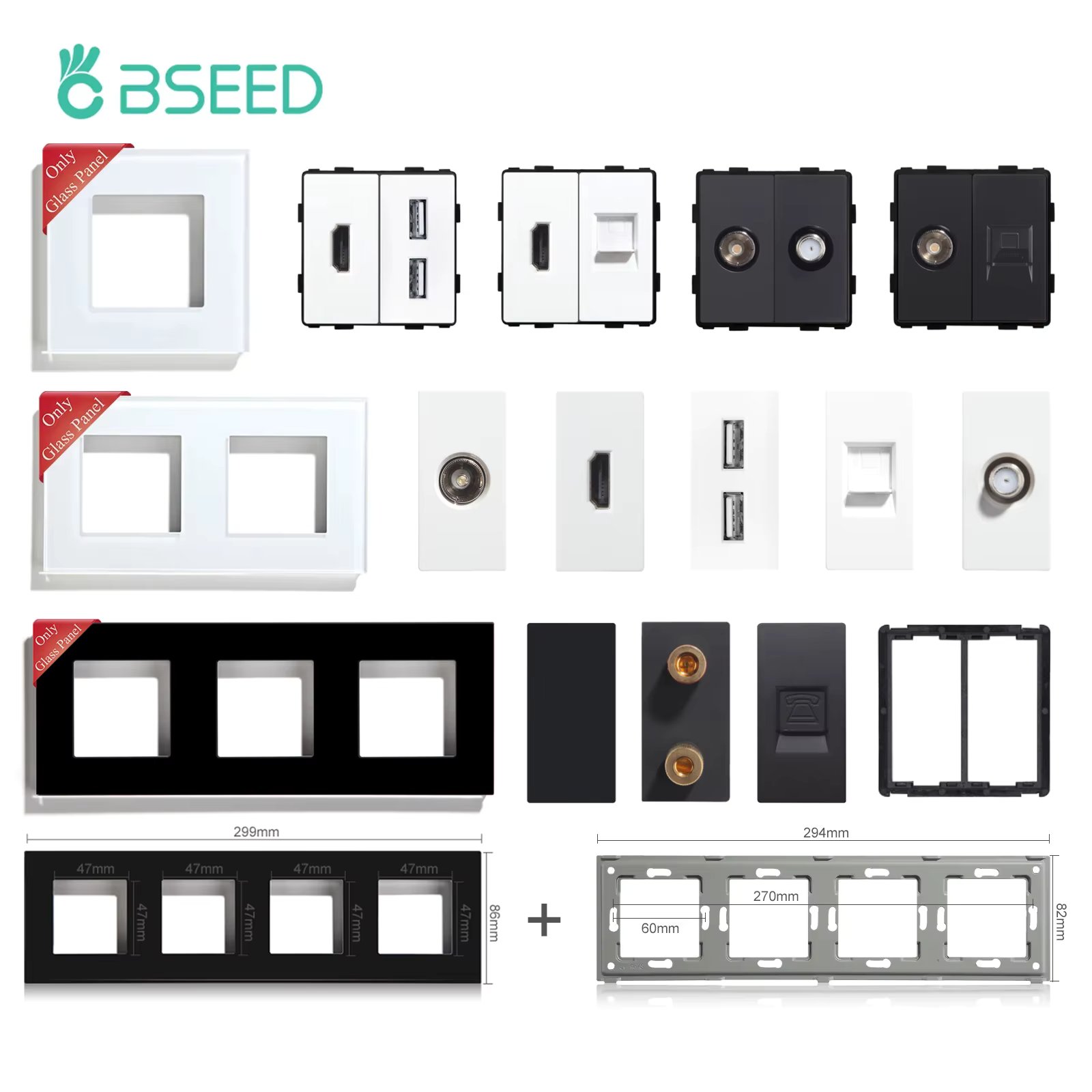BSEED Glass Frames EU Standard PIR Sensor Switches Module Part Wall Sockets DIY Function Dimmer Base HDMI USB Type-c Parts
