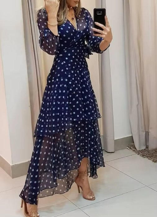 Elegant Party Dresses For Women Summer Dress V-Neck Long Sleeved Asymmetrical Layered Polka Dot Print Casual A-Line Long Dresses