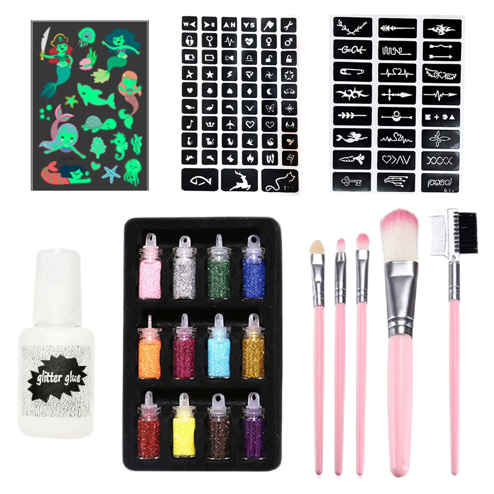 Body Glitter Stickers Makeup Kit Glow In The Dark Temporary Stickers Stencils Body Face Glitter Makeup Brushes For Kids Birthday
