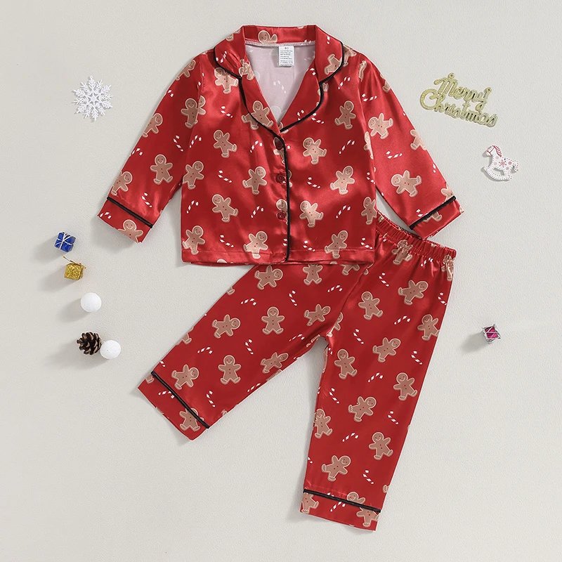 Toddler Baby Girls 2Pcs Pajamas Set Christmas Long Sleeve Gingerbread Man Print Button Up Shirt and Pants Set Sleepwear Children
