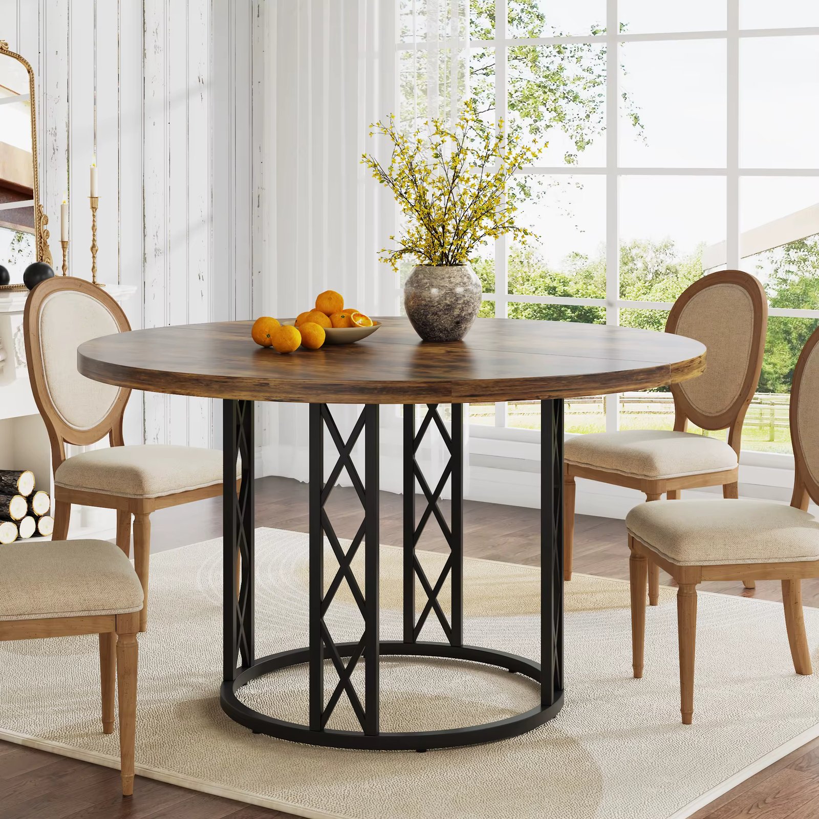 Tribesigns Round Dining Table for 4 People, 47" Modern Kitchen Table with Wood Grain Surface & Metal Base, Rustic Round Table