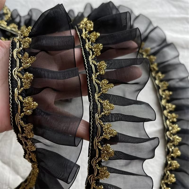 2024 Gold Thread Ribbon Stitched Pleated Organza Lace DIY Children's Clothing Dress Cheongsam Clothes Corsage Skirt Decoration